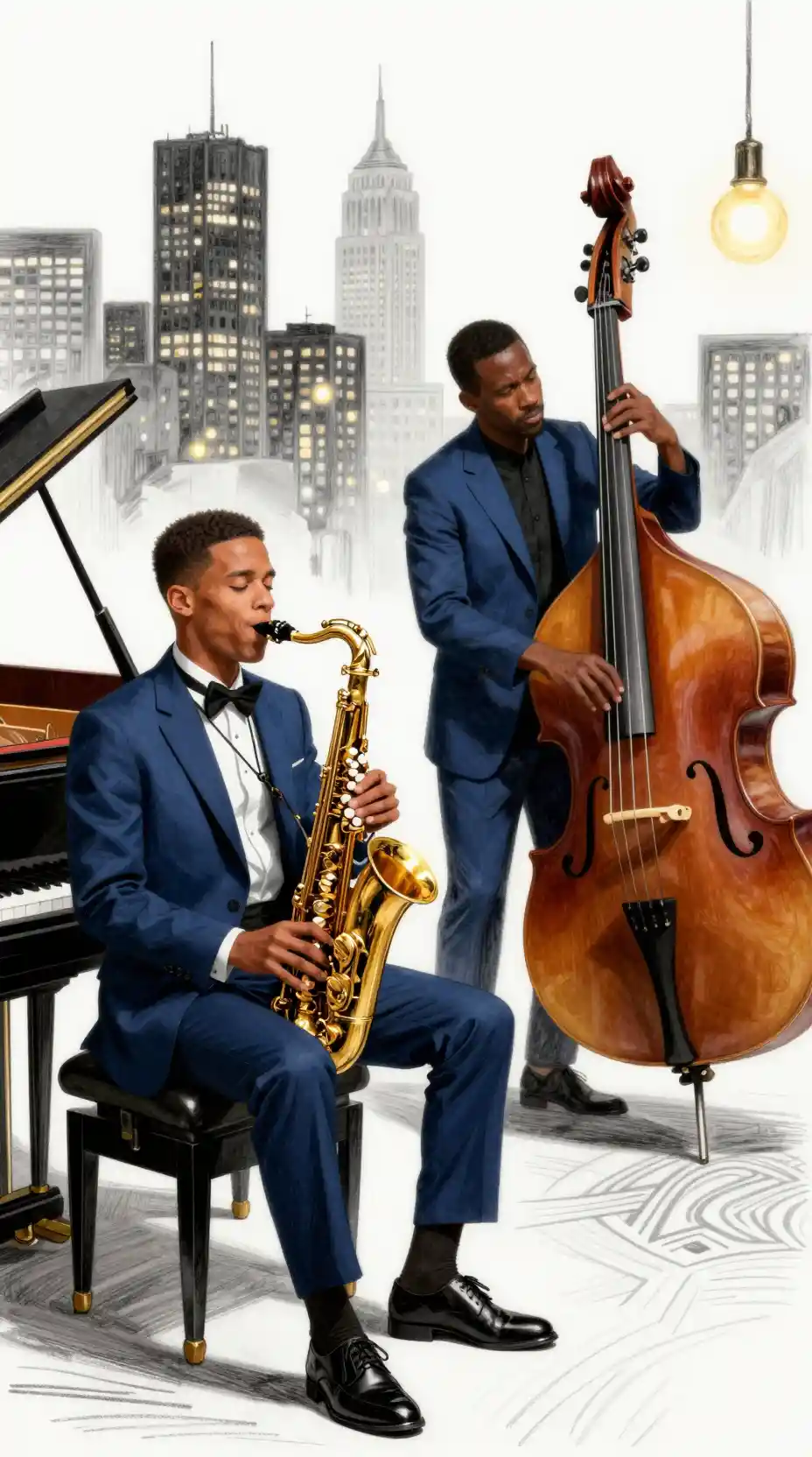 Elegant jazz musicians performing in a luxurious city club