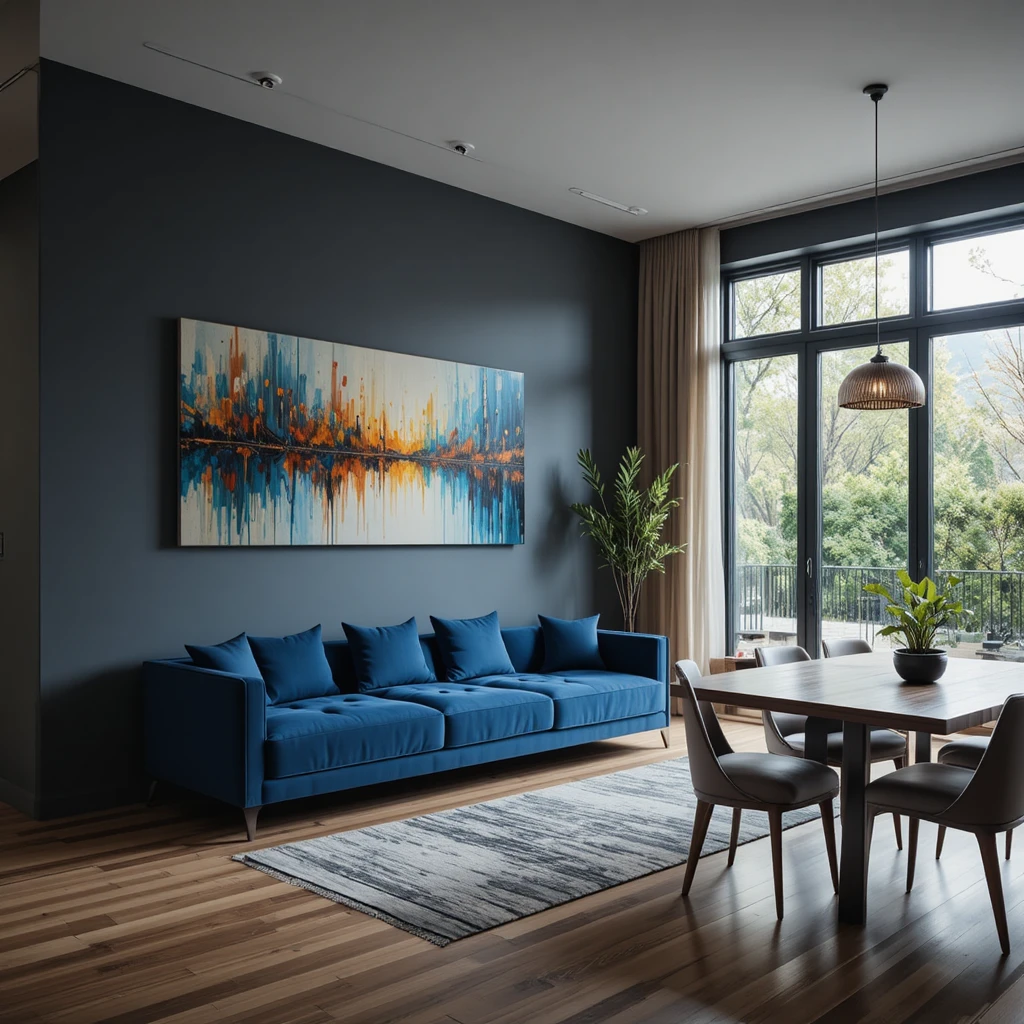 Sala de estar moderna con sofá azul y gran cuadro en la pared