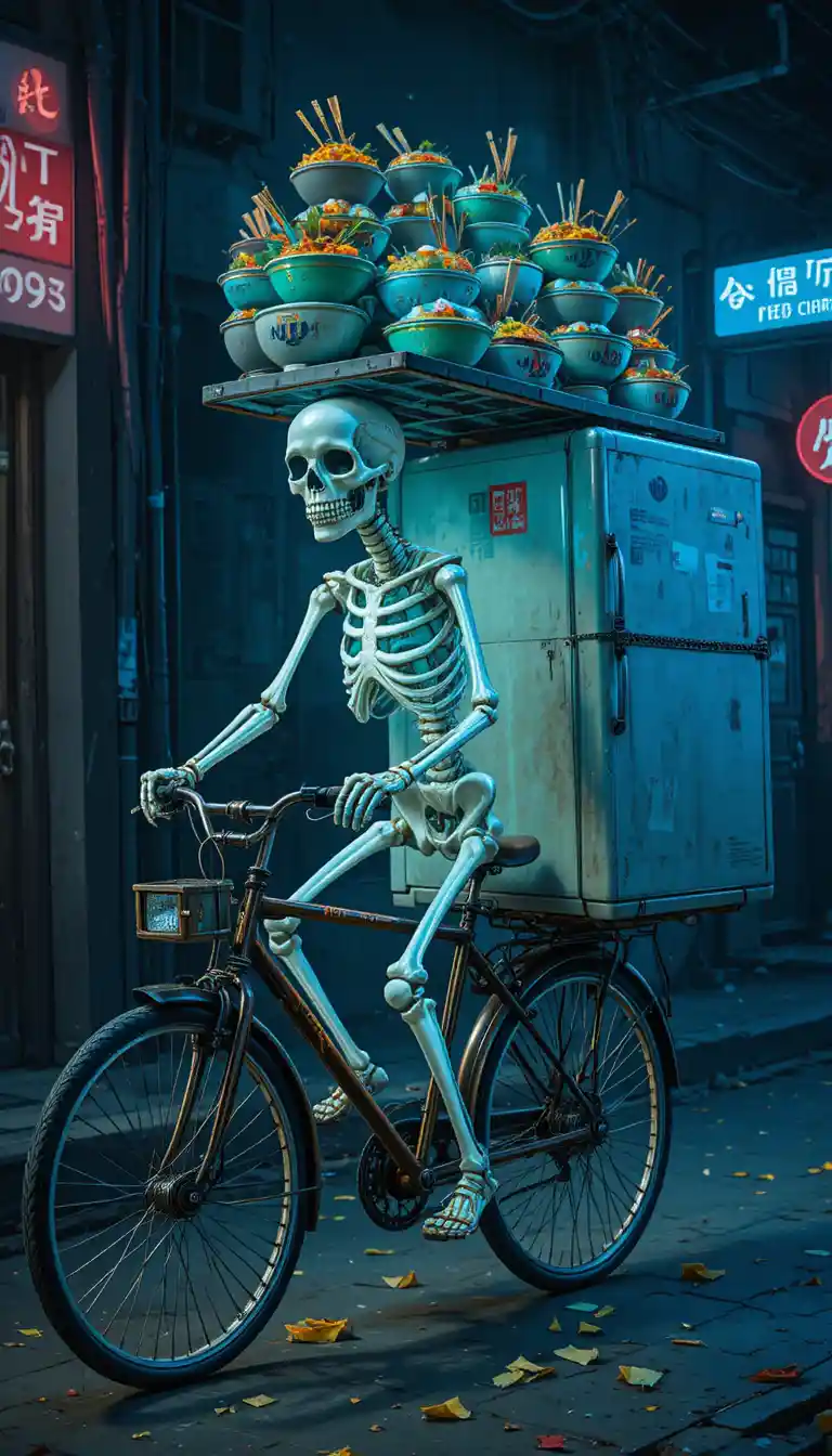 Esqueleto brilhante andando de bicicleta com tigelas de lámen empilhadas