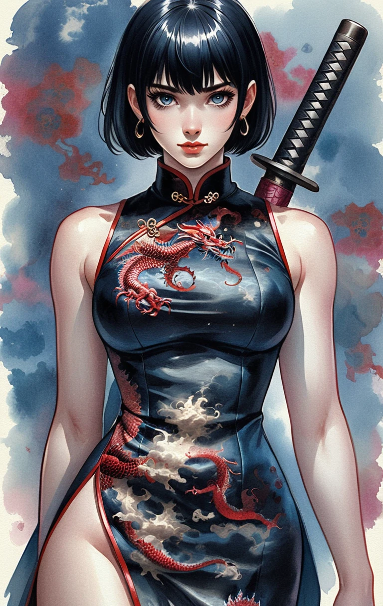 Mysterious woman with katana in black dragon cheongsam