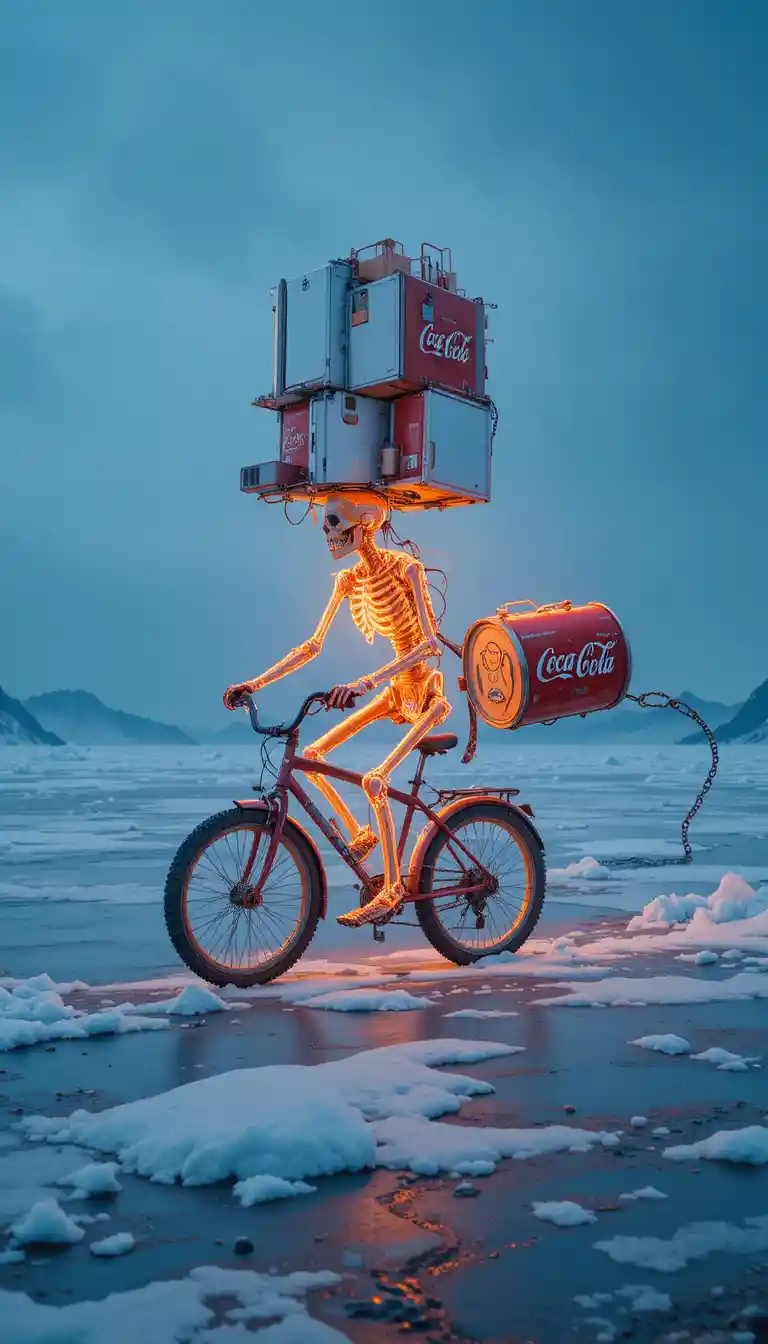 Esqueleto em chamas pedalando por planícies geladas