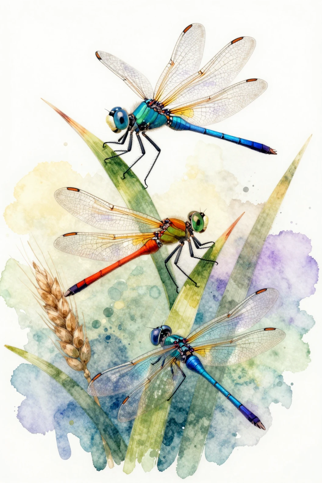 Libellules colorées sur tiges vertes en style aquarelle