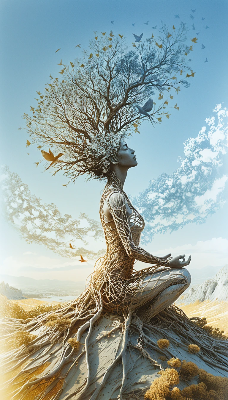 Mulher em meditação fundindo-se com raízes de árvore ao pôr do sol