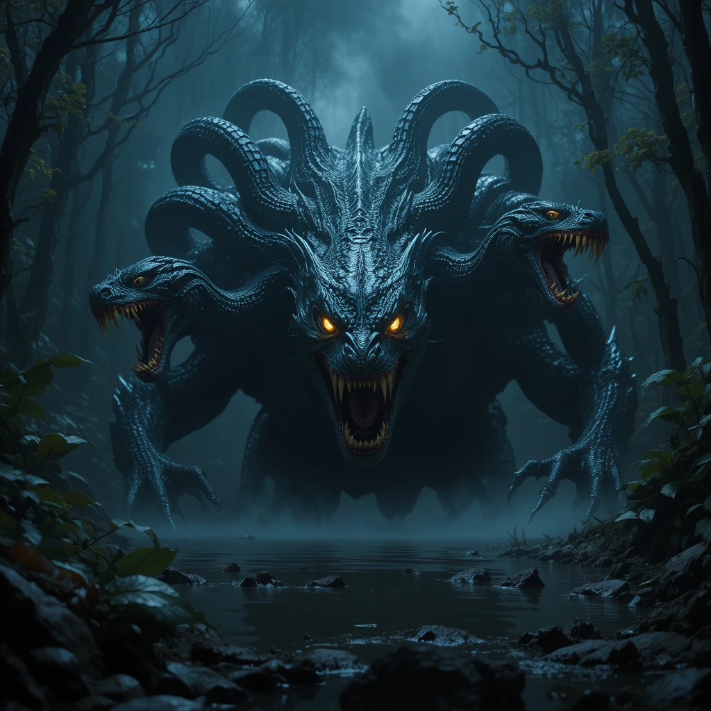 Gigantische Hydra, die nachts aus einem dunklen Sumpf aufsteigt