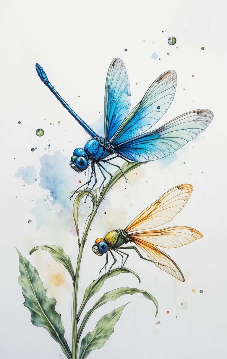 Libellules en aquarelle sur tiges vertes aux doux tons pastels