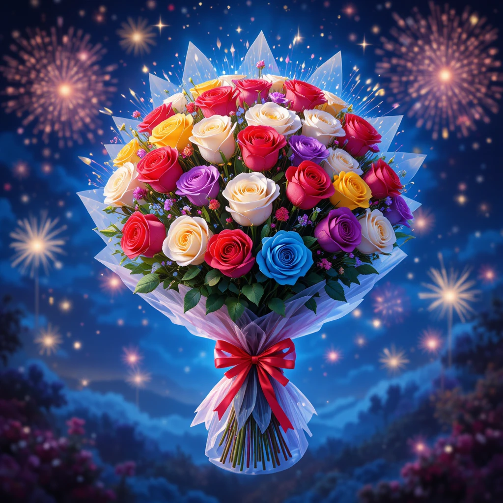 繽紛玫瑰花束與夢幻煙火夜空