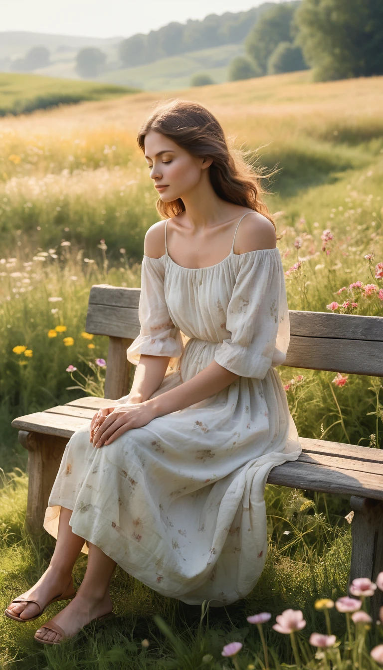 Woman resting on a wooden bench in a hazy flower meadow