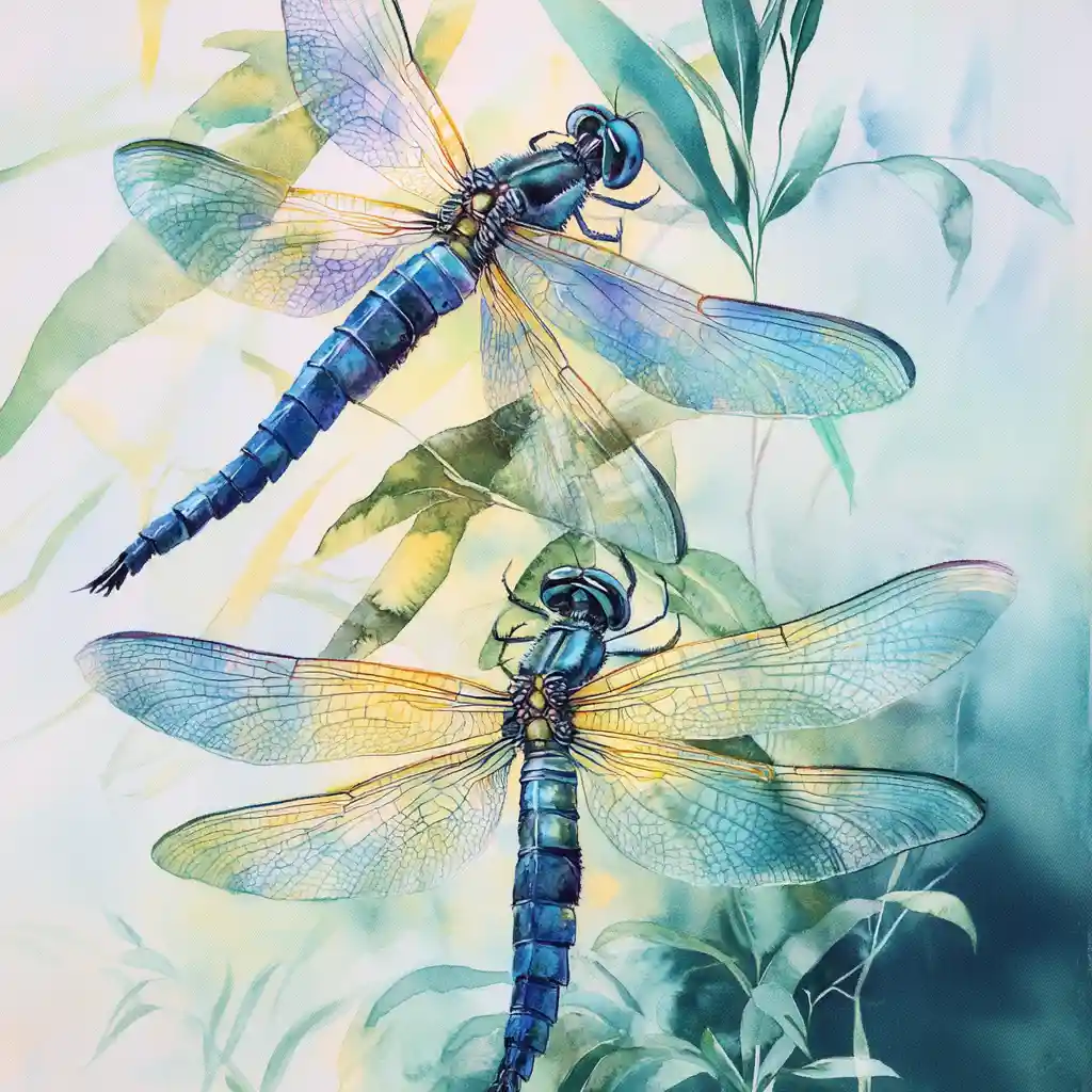 Bunte Libellen auf grünen Stängeln im Aquarellstil