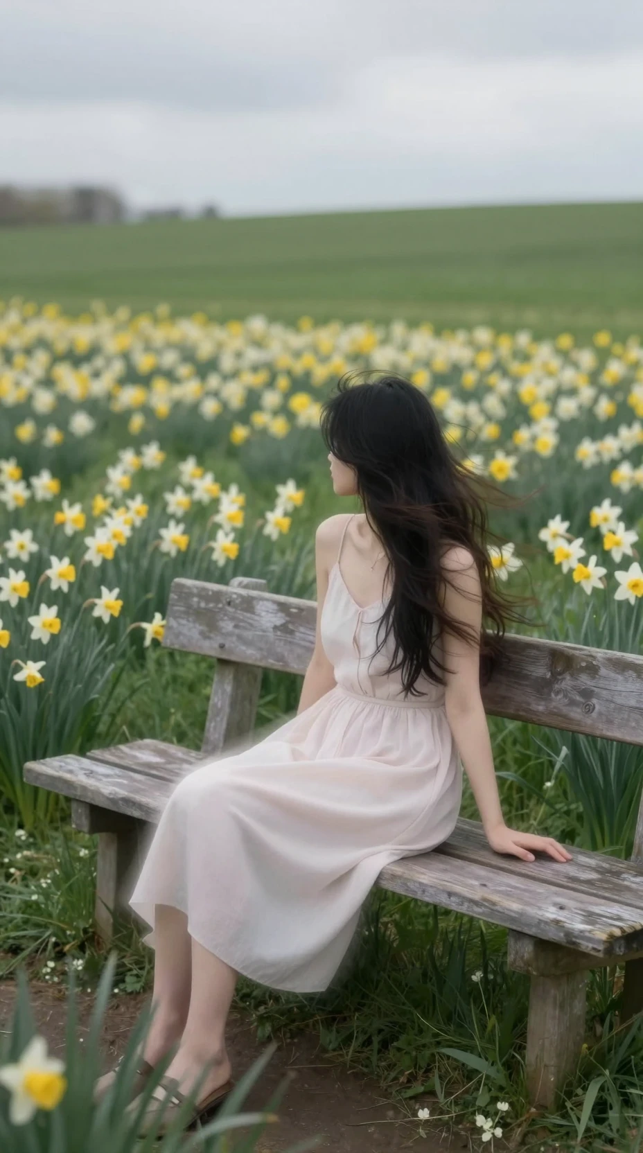 Mujer descansando en un banco en un prado de flores tranquilo