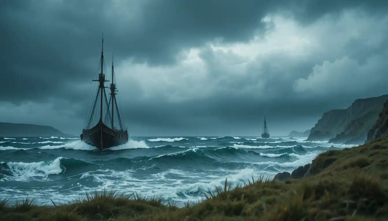 Storm clouds over rough sea and anchored ships in rain