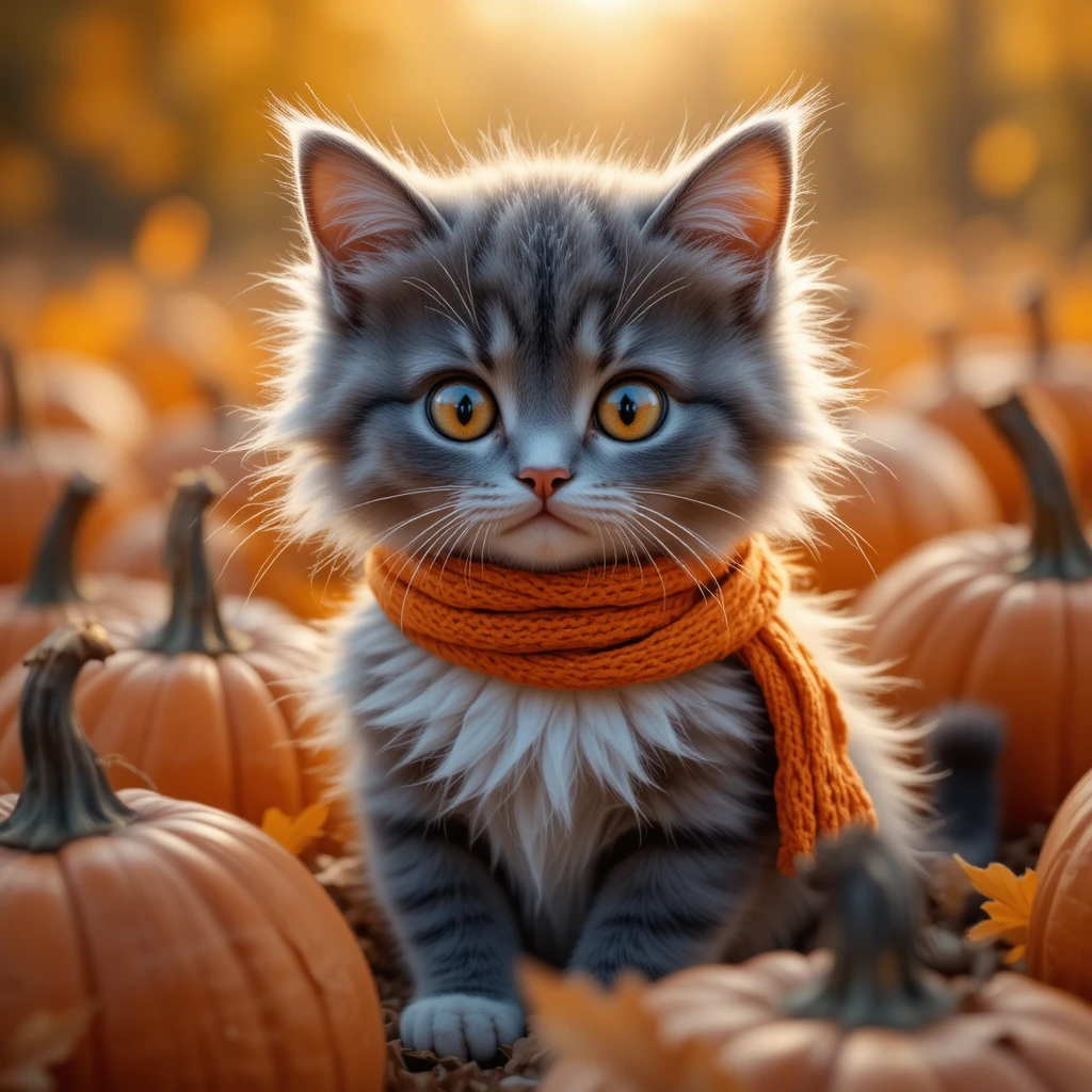 Süße graue Katze mit Schal, die sich zwischen herbstlichen Kürbissen entspannt