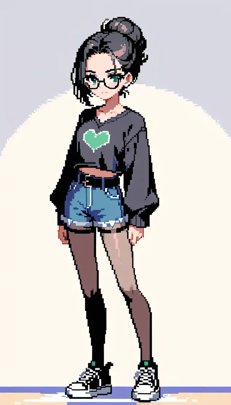 薄いグレーの壁の前に立つエンジ色のセーターのドット絵の女の子