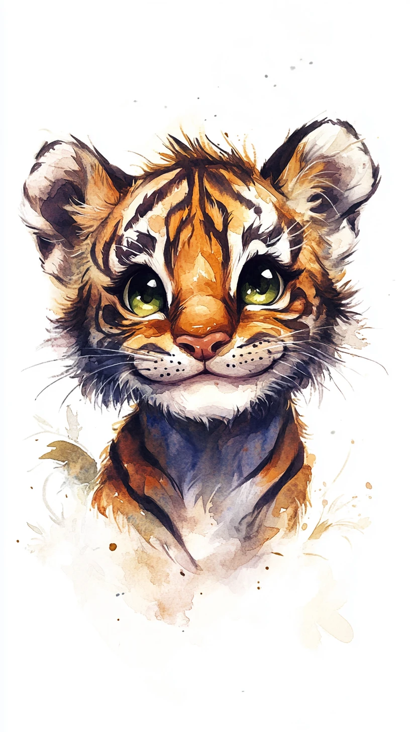 Aquarelle onirique en gros plan d’un petit tigre souriant