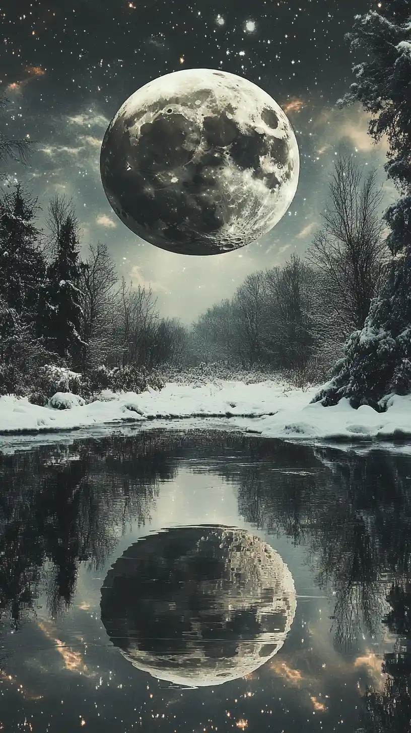Surreale optische Illusion mit Schnee und hellem Mond