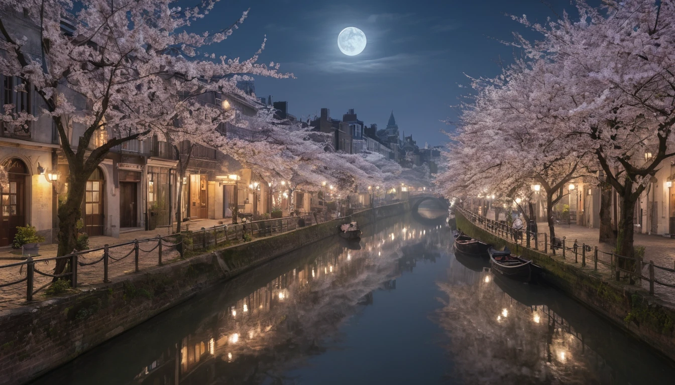 Paysage urbain de printemps au clair de lune avec cerisiers en fleurs et canaux