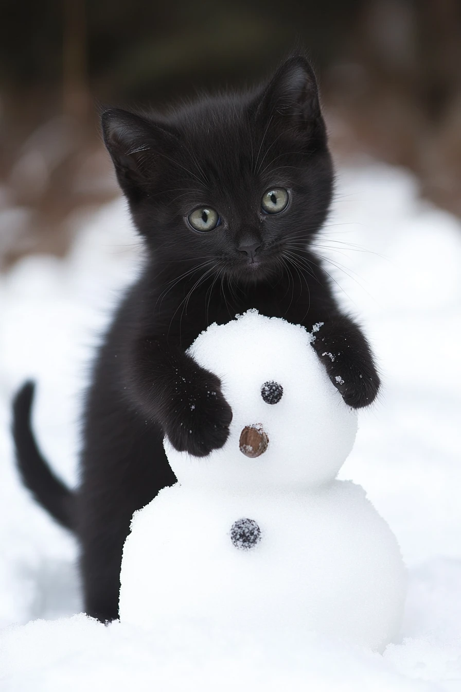 Petit chaton noir joueur regardant malicieusement après avoir renversé un bonhomme de neige