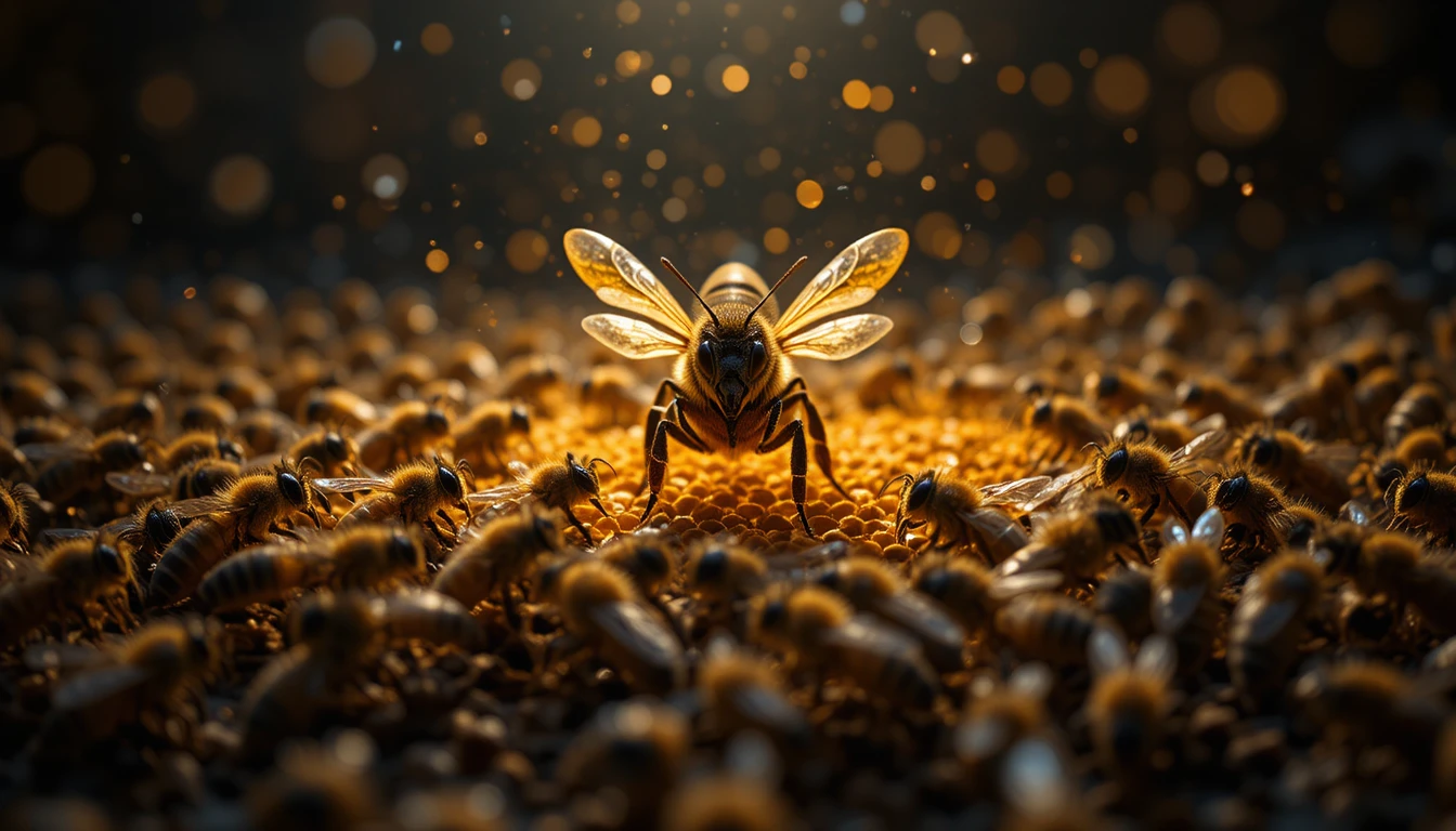 Reina de abejas serena rodeada de obreras en el centro luminoso de la colmena