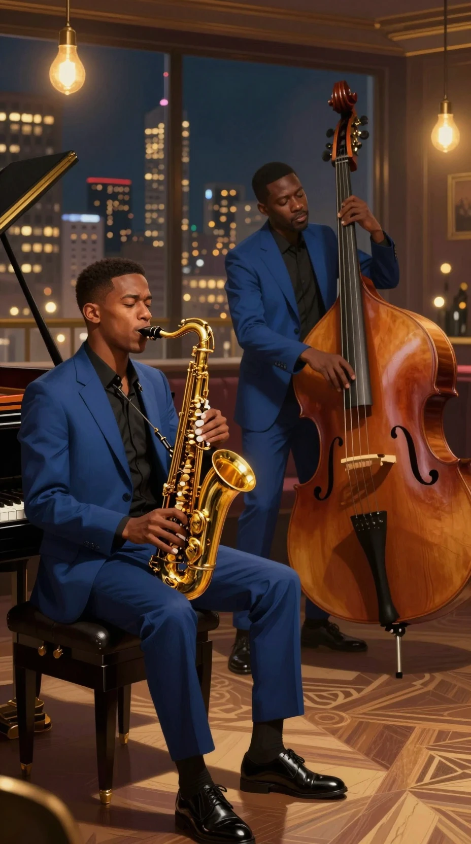 Elegant jazz musicians performing in a luxurious club