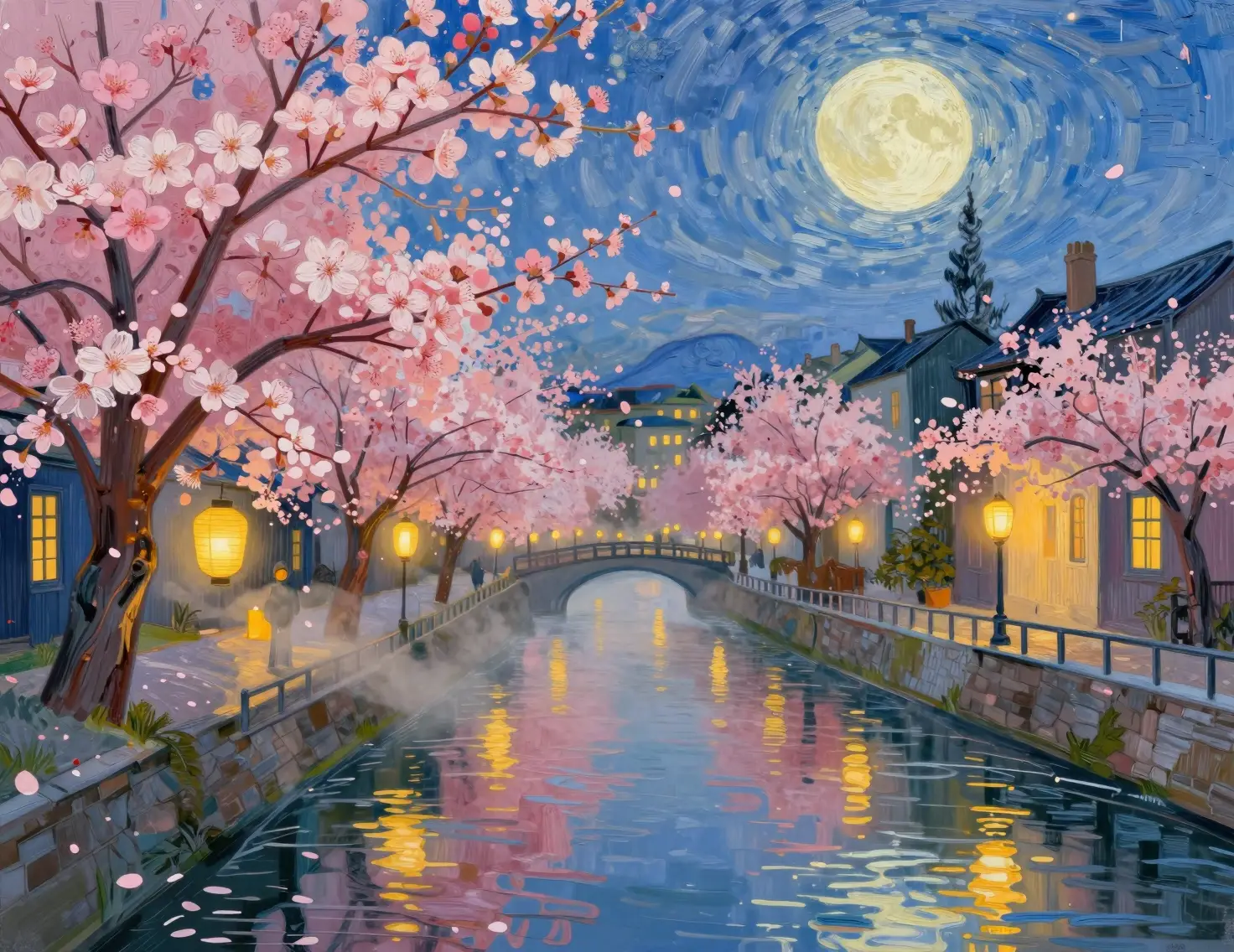 燦爛滿月下黃昏時分的夢幻運河城市景色