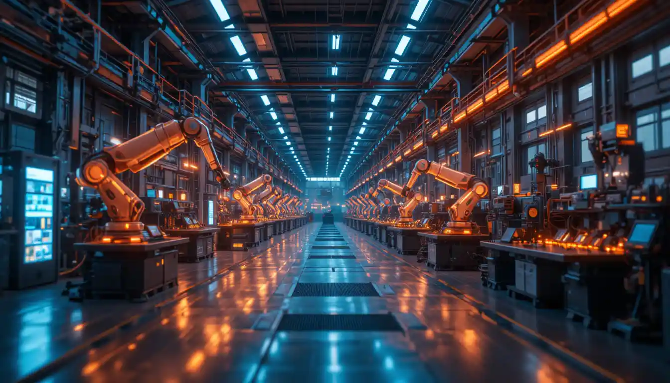 Smart factory with glowing robotic arms and conveyors
