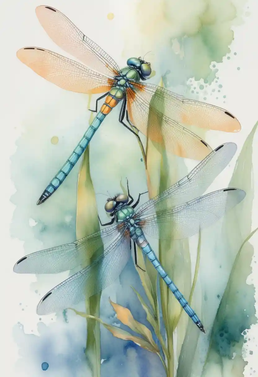 Zwei Aquarell-Libellen auf grünen Stängeln in zarten Pastelltönen