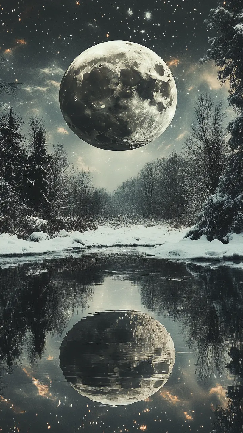 Cena surreal de ilusão de ótica com neve e lua brilhante