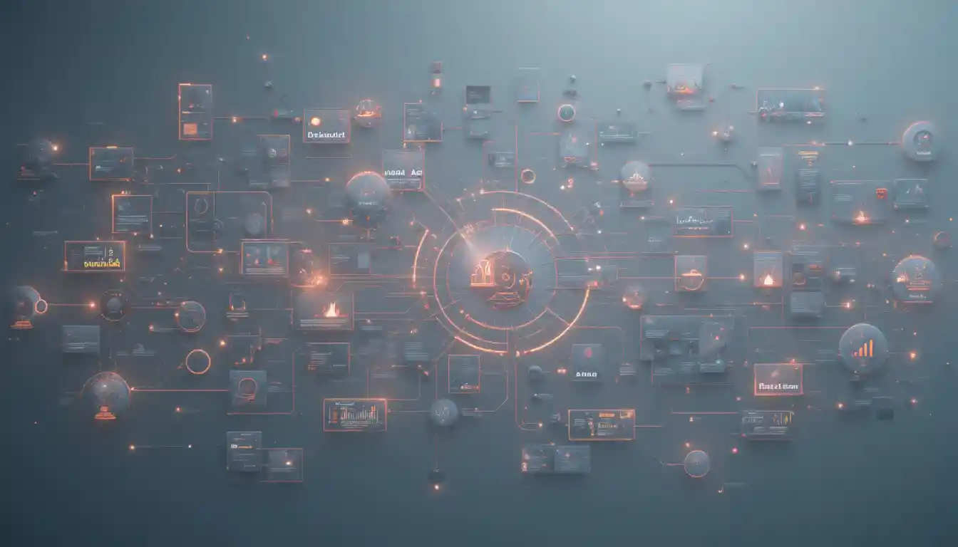 Overhead data flow diagram with glowing interconnected nodes