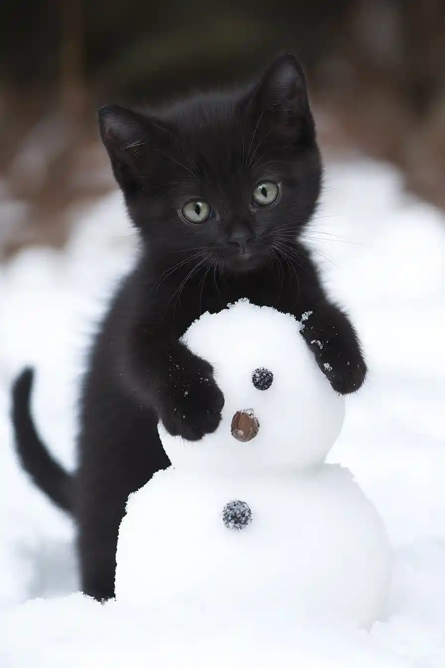 Petit chaton noir joueur regardant malicieusement après avoir renversé un bonhomme de neige