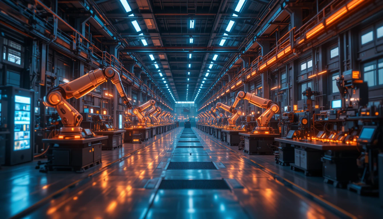 Usine intelligente avec bras robotiques lumineux et convoyeurs