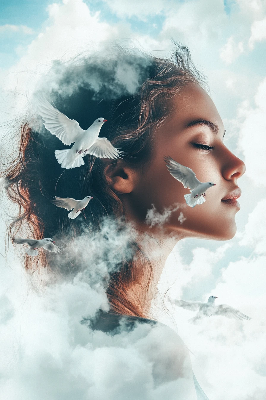 Surreal profile of a young woman dissolving into clouds