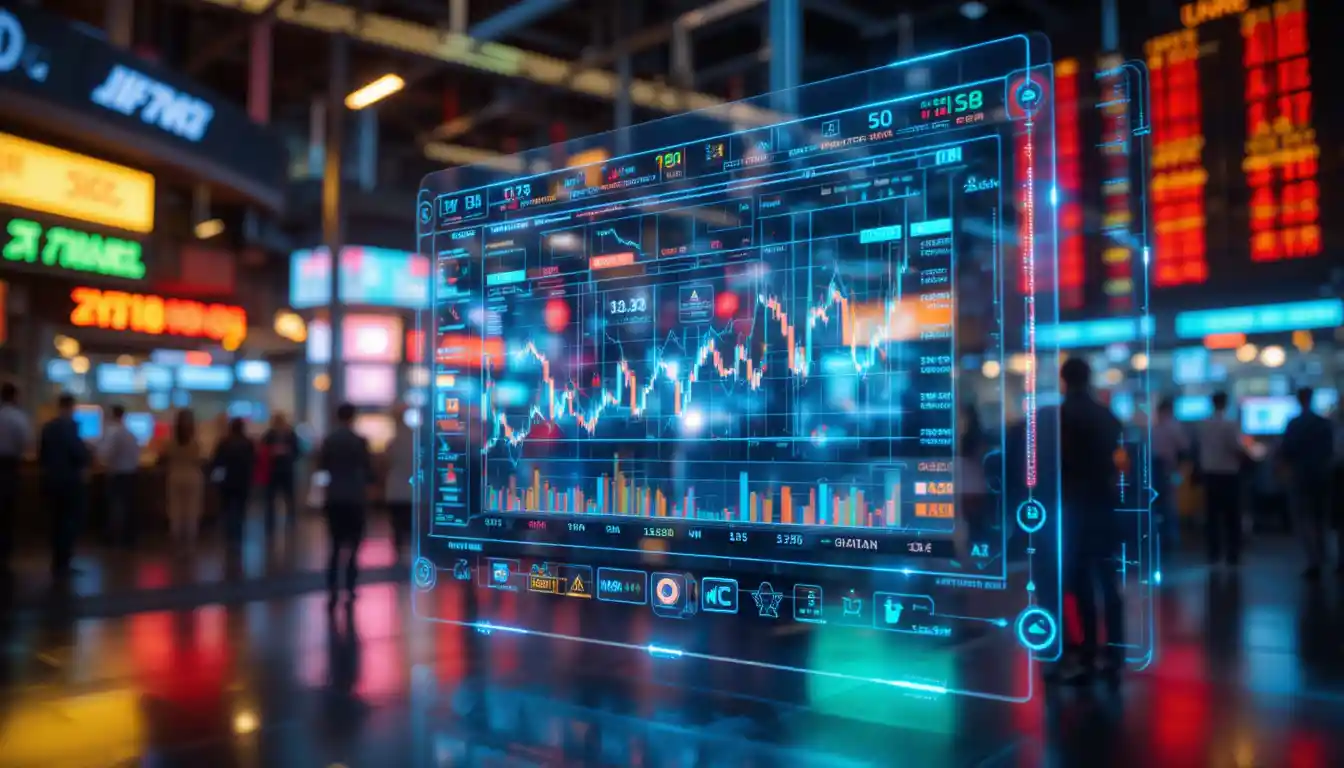 Futuristic holographic financial trading dashboard with live charts