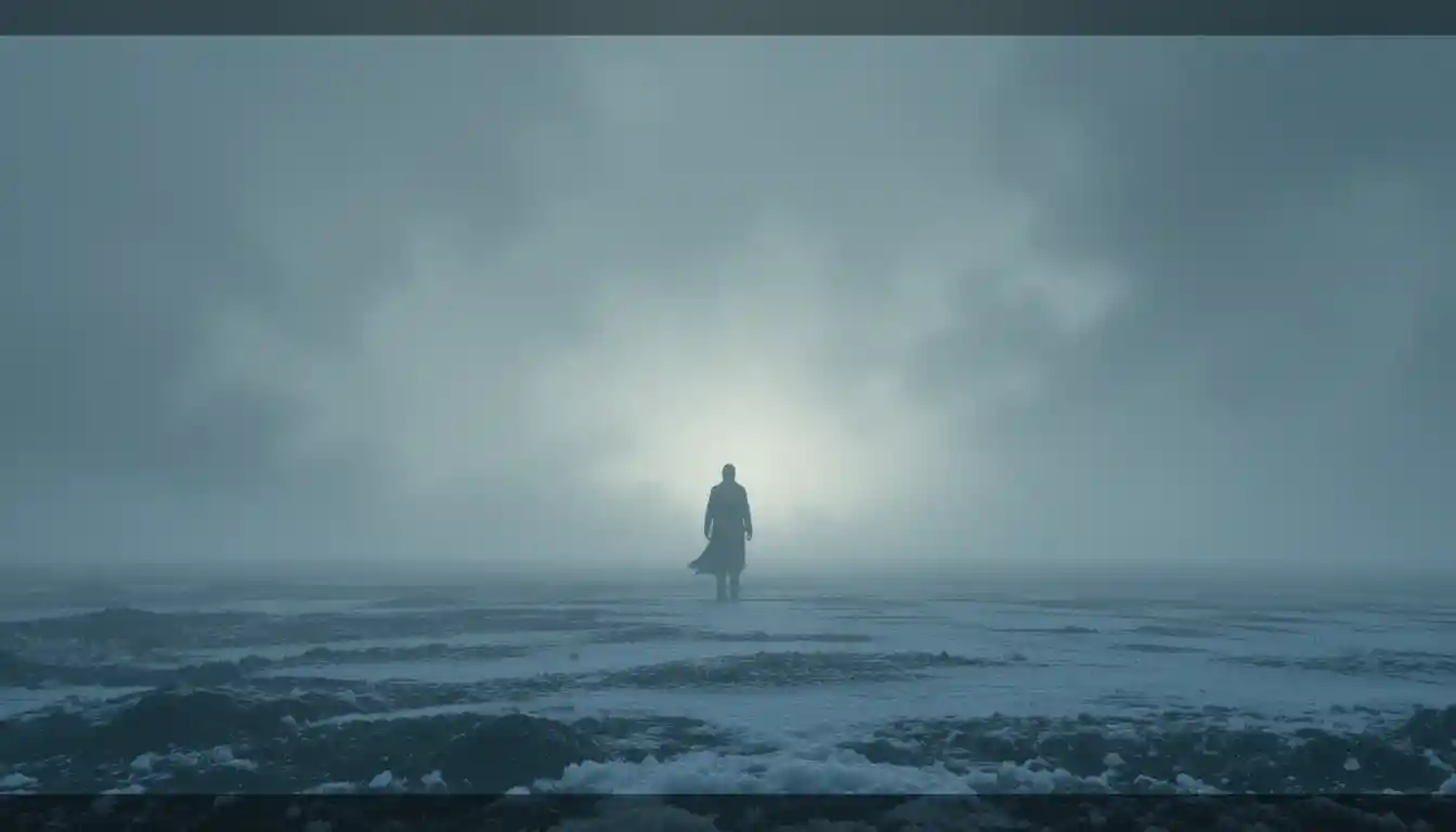 迷霧中遙遠冰封地平線上的孤獨剪影
