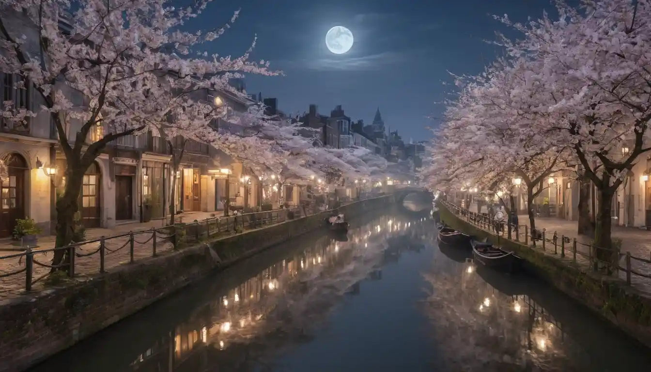 Paisaje urbano primaveral a la luz de la luna con cerezos y canales