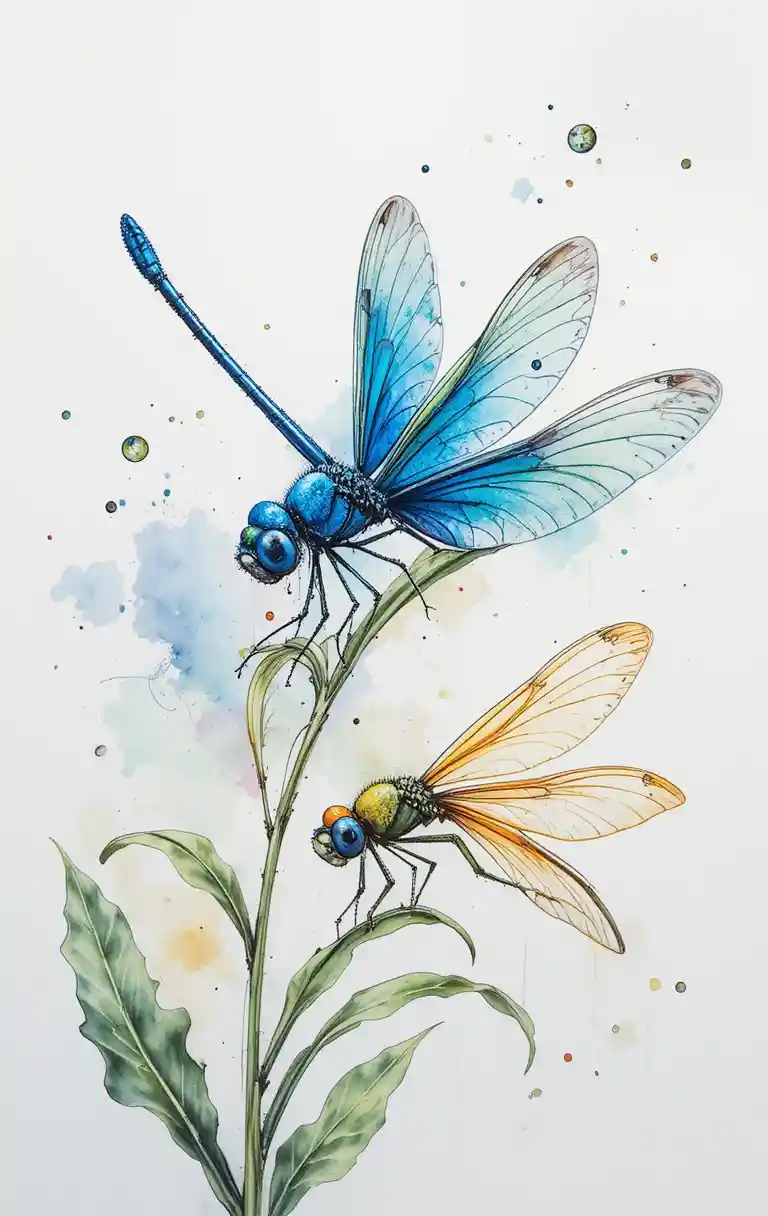 Watercolor dragonflies resting on green stems in soft pastels