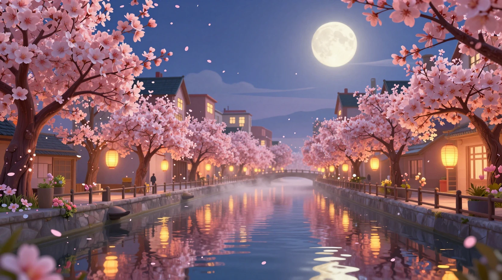 Ciudad de canales a la luz de la luna con cerezos en flor y faroles brillantes