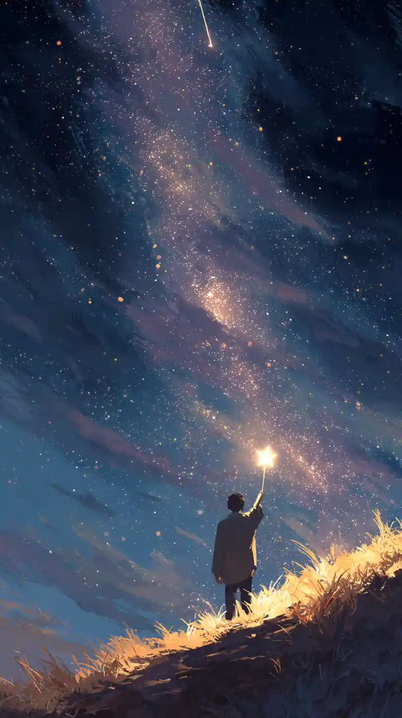 Uomo che Cammina di Notte Tenendo in Mano una Stella Luminosa