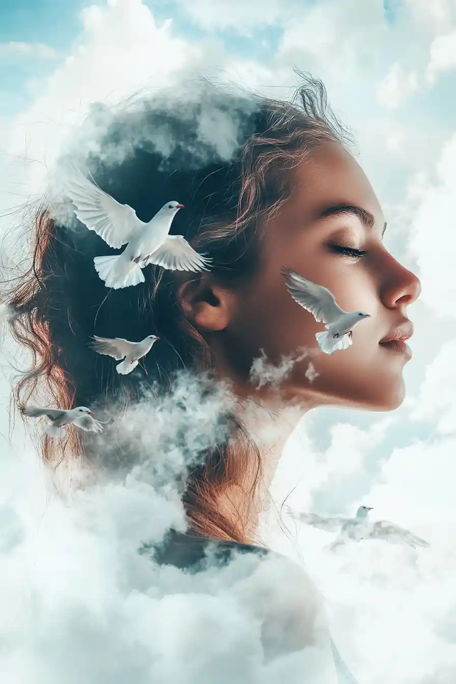 Surreal profile of a young woman dissolving into clouds