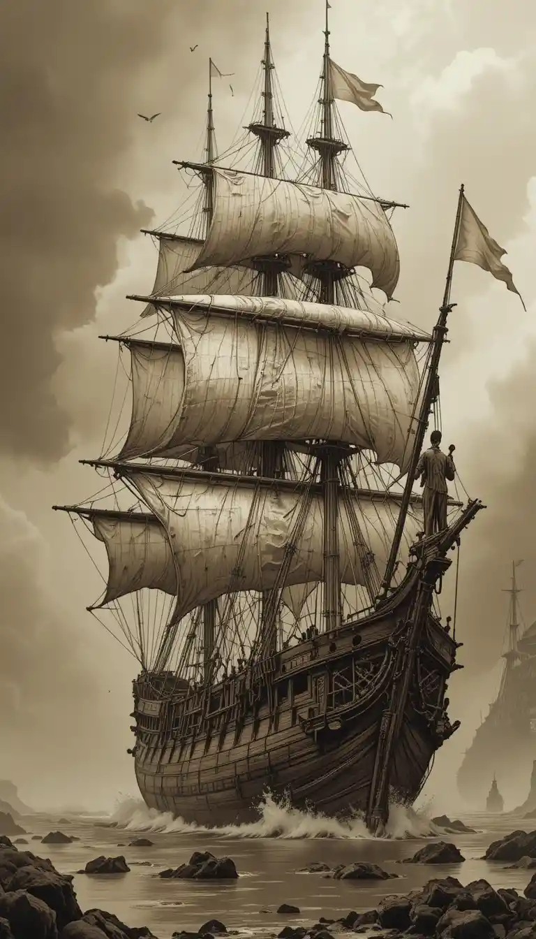 Antigo navio à vela em um mar de fantasia sépia enevoado