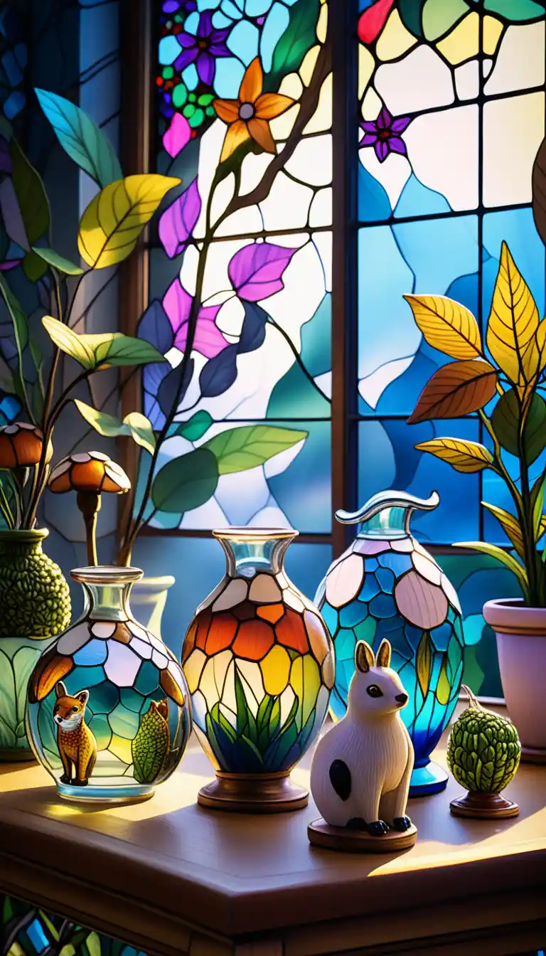 Sunlit glass menagerie on a cozy room shelf