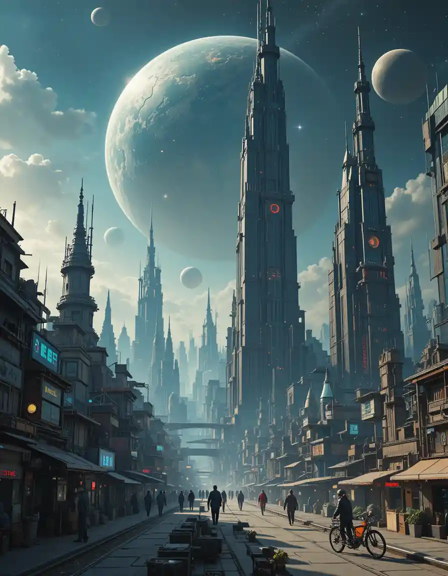 Futuristic city skyline with towering skyscrapers and planets