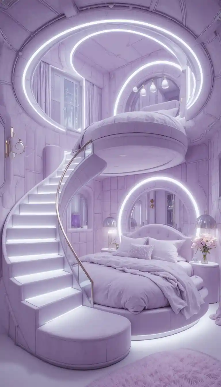 Camera loft futuristica lavanda con letto circolare luminoso