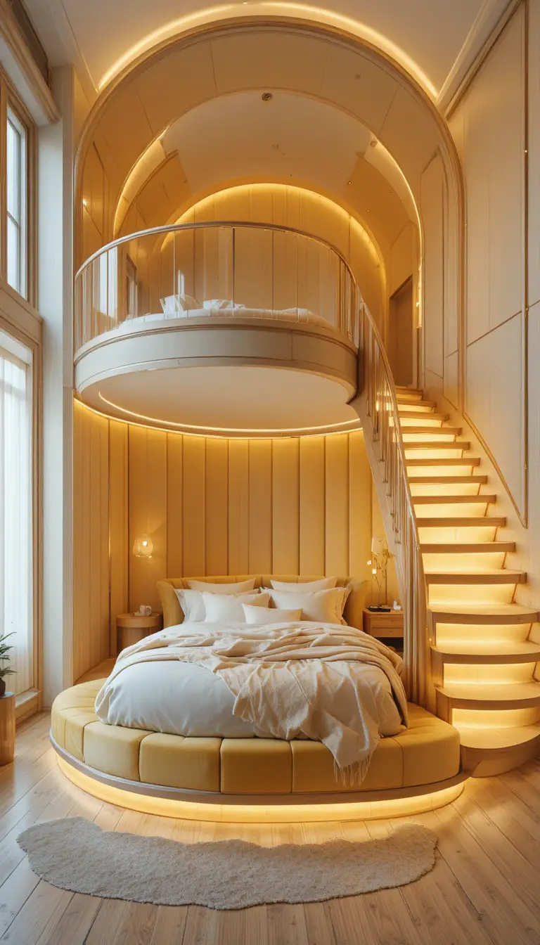 Bright duplex bedroom with circular bed and glowing staircase