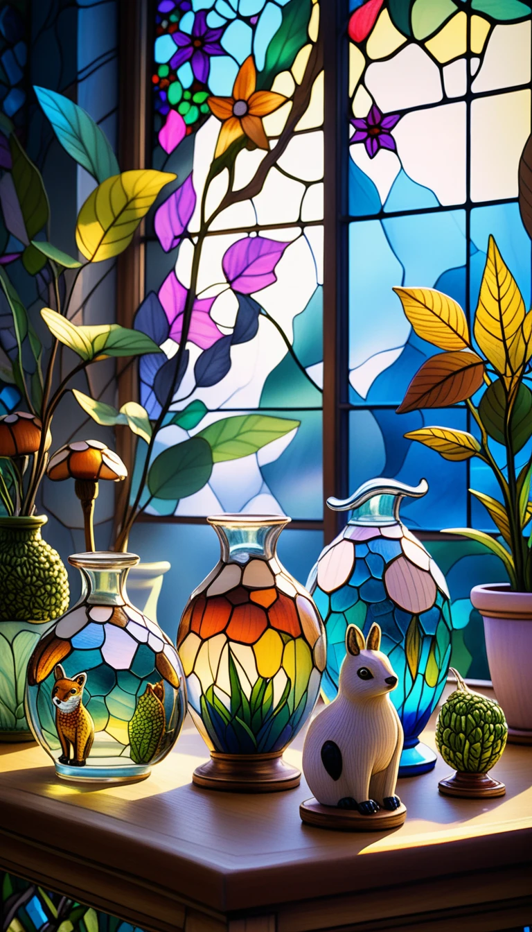 Sunlit glass menagerie on a cozy room shelf