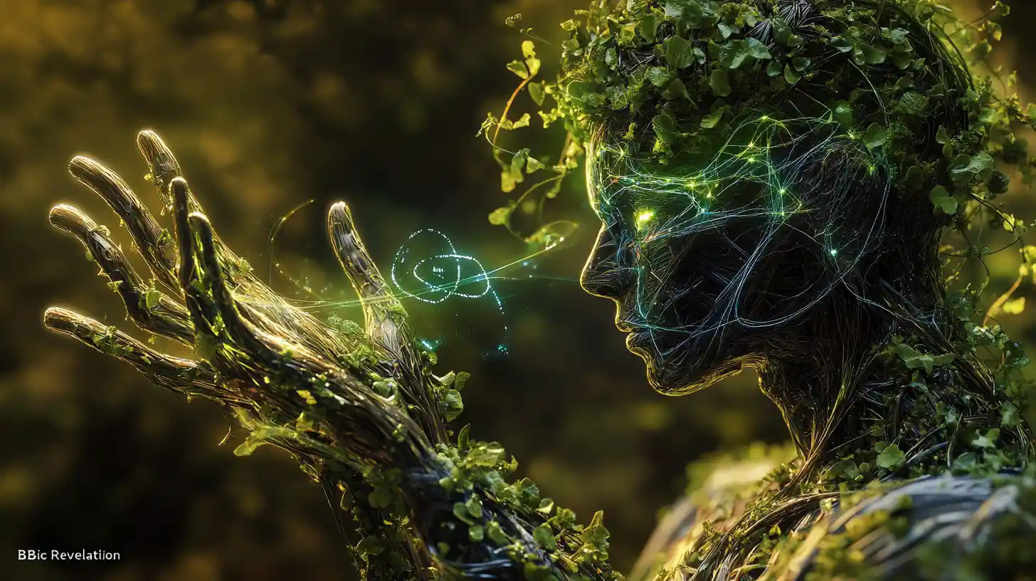 Guardián humanoide eco tech con líneas de energía brillantes
