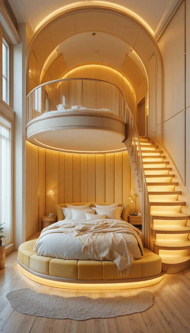 Camera da letto duplex luminosa con letto circolare e scala luminosa