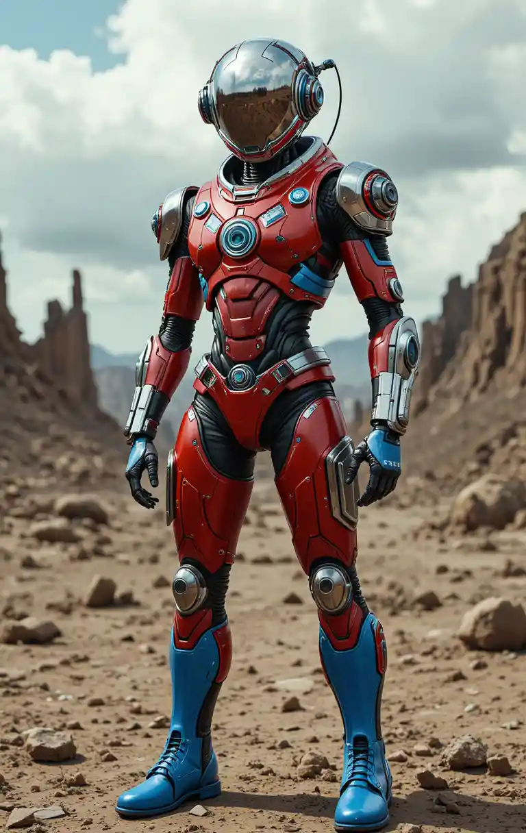 Futuristic humanoid robot in red suit on rocky wasteland
