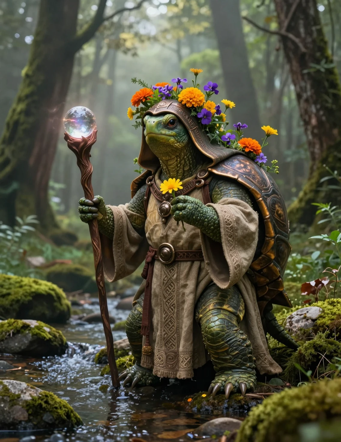 Mago tartaruga mistico accanto a un ruscello nebbioso nel bosco