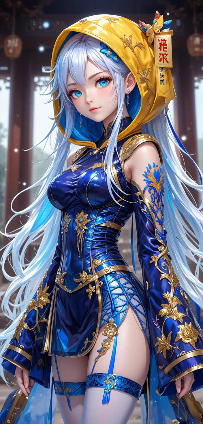 Anime-Mädchen im Jiangshi-Outfit mit leuchtend cyanfarbenen Augen