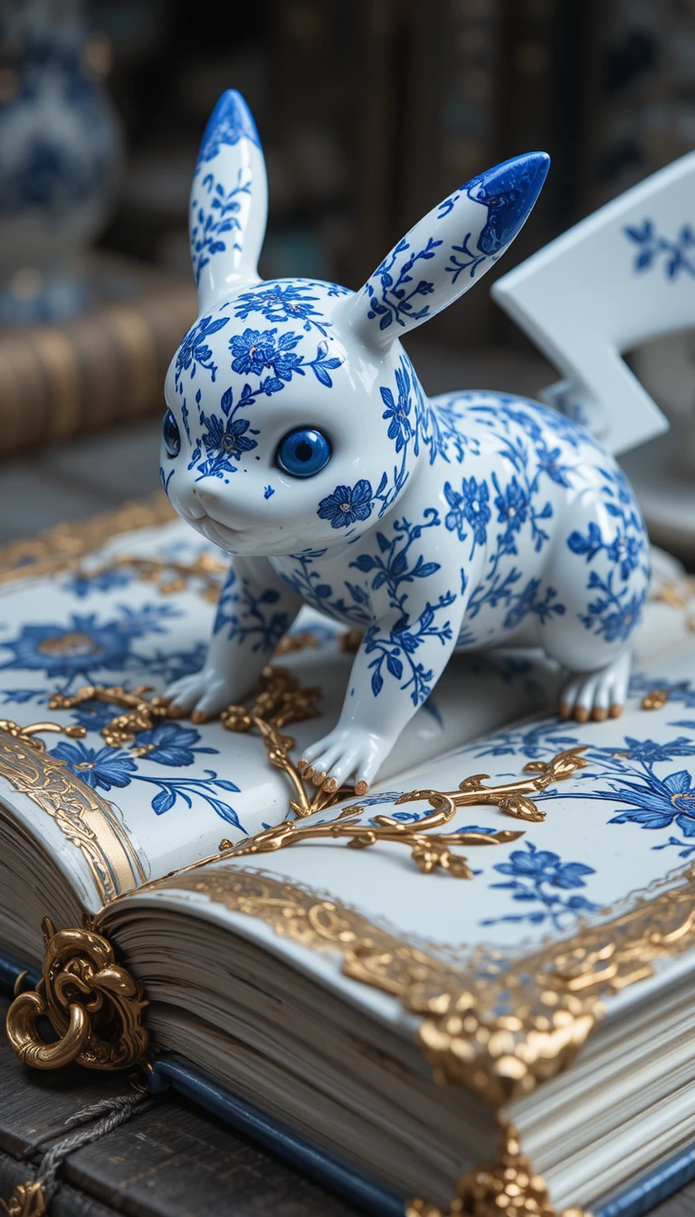Figurine en porcelaine sur livre ornementé bleu et or