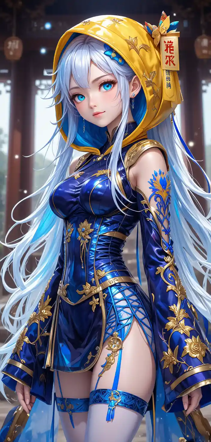 Anime-Mädchen im Jiangshi-Outfit mit leuchtend cyanfarbenen Augen